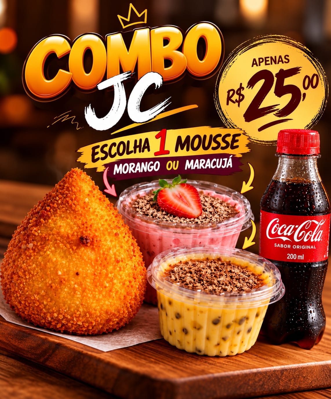 coxinha mais mousse mais coca